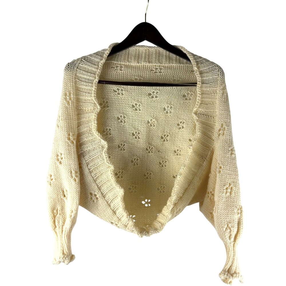 Rare Grandma Cottage Boho Cream Knit Shawl Sweater, Women's Large